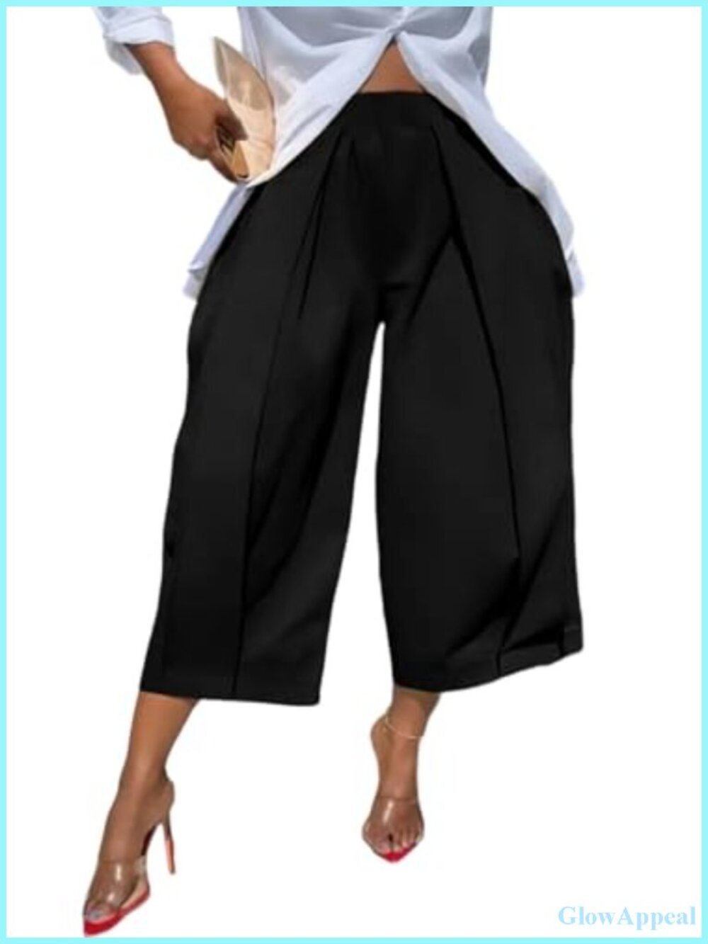 High Waist Pleated Wide Leg Capri Pants Cropped Trousers for Women